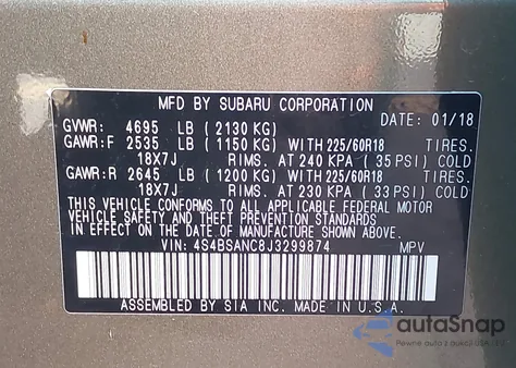 2018 Subaru Outback 2.5I Limited z USA, uszkodzony, nr VIN 4S4BSANC8J3299874